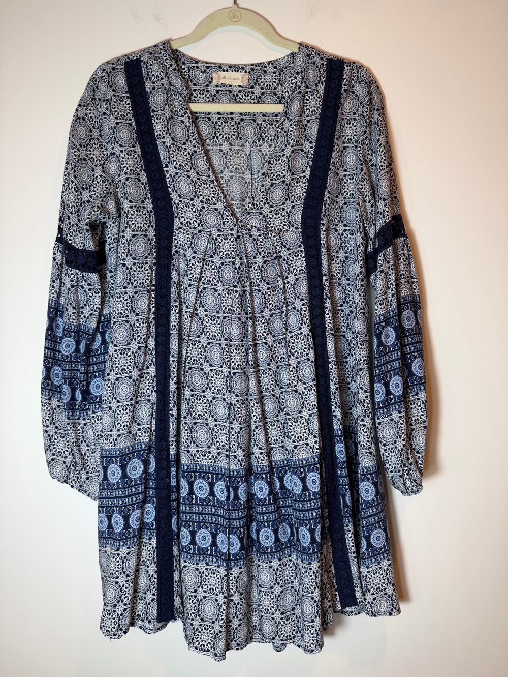Altar'd State Boho Tile Print Tunic Balloon Sleeve Dress Navy Cream SZ Small